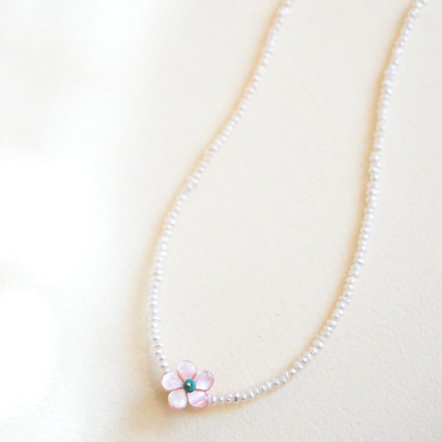 River Song Necklaces Tiny Japanese Pearl Necklace with Flower Charm