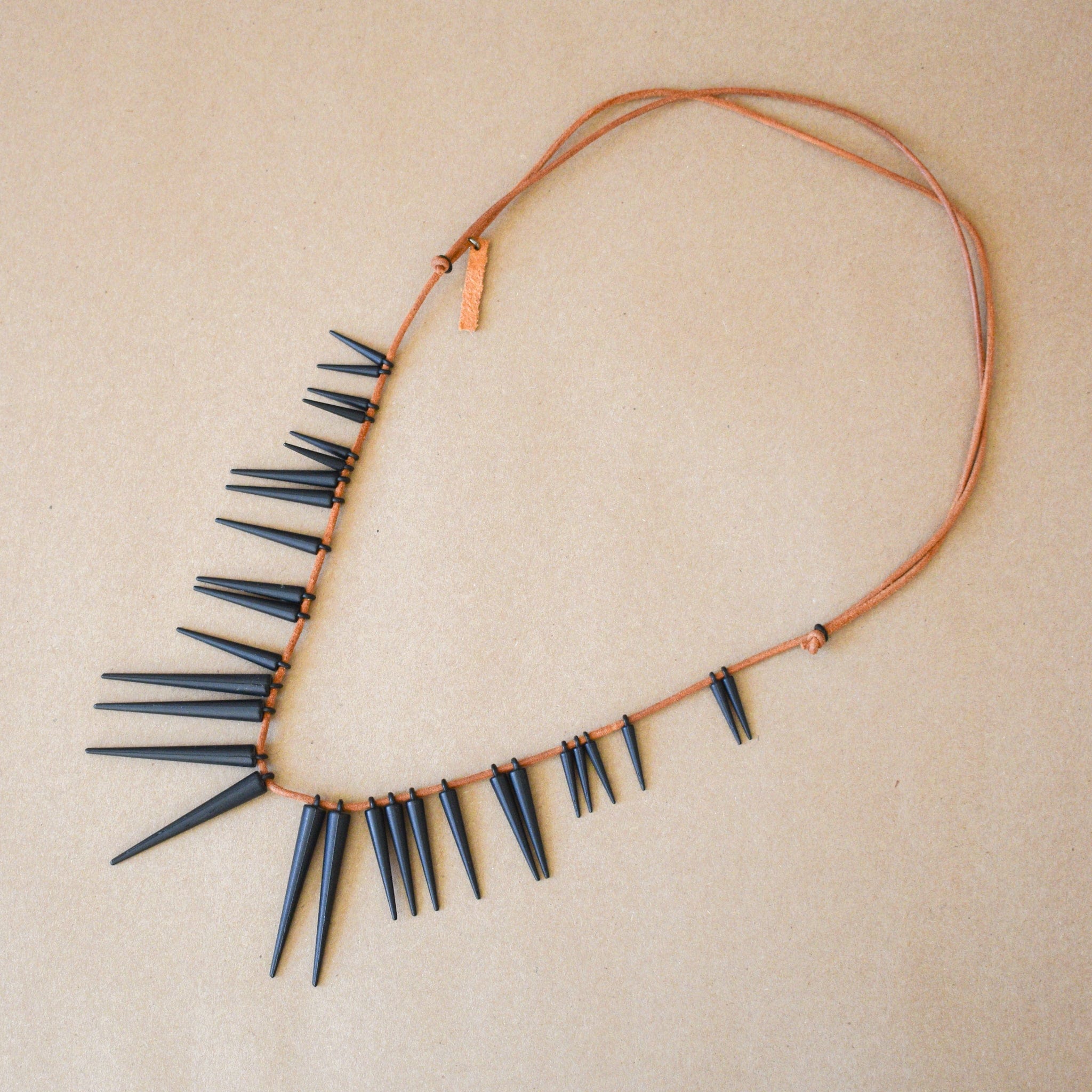 +COOP Jewlery Black Spikes on Tan Leather Necklace