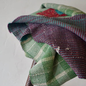 FOG LINEN Linens Vintage Kantha Blanket - Green Plaid w/ Red Patch + Purple Reverse
