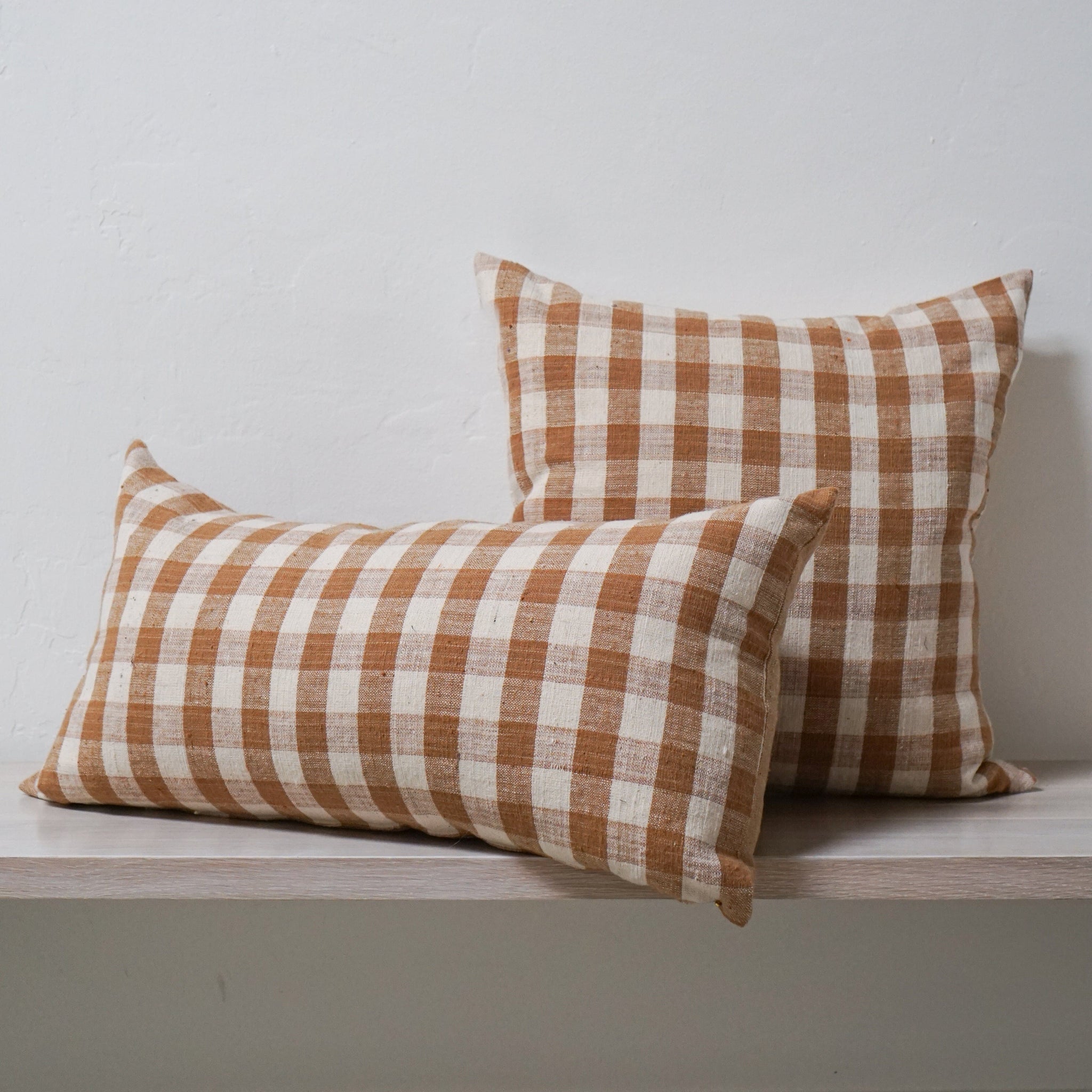 Lineage Botanica Pillows 20" x 20" Cream and Rust Plaid Linen Pillows - 21.5 x 21.5