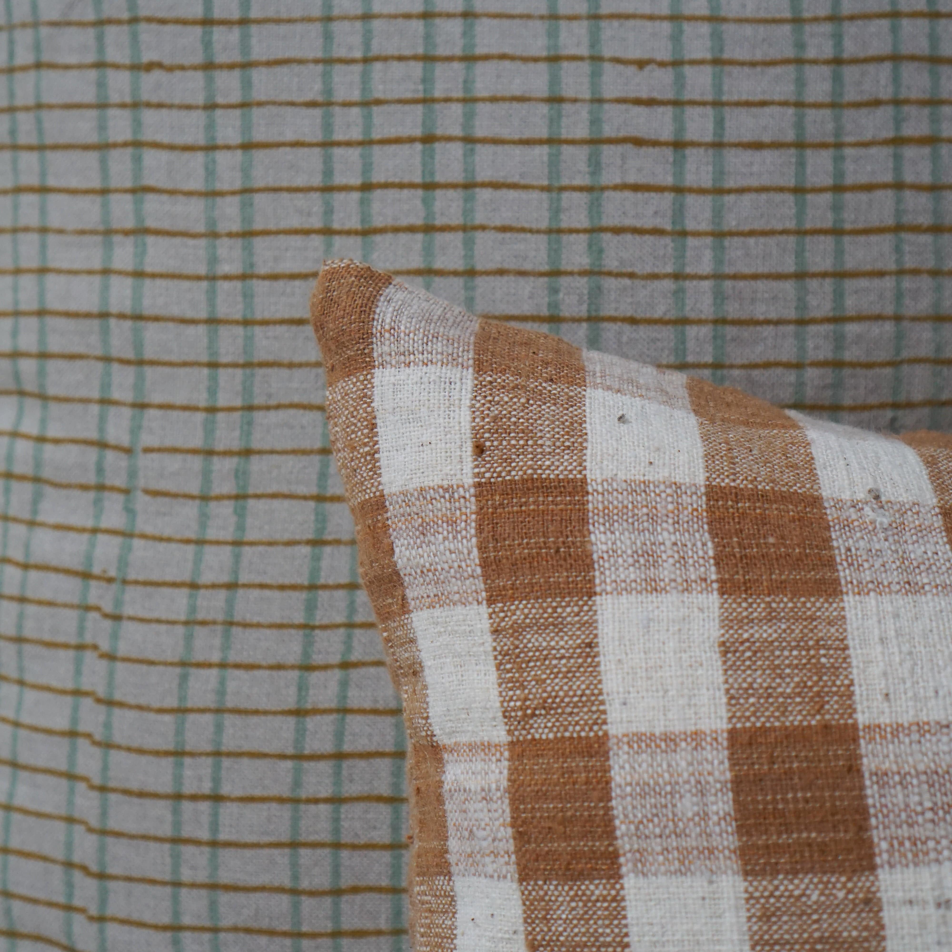 Lineage Botanica Pillows 26" x 14" Cream and Rust Plaid Linen Lumbar Pillow - 23.5 x 12