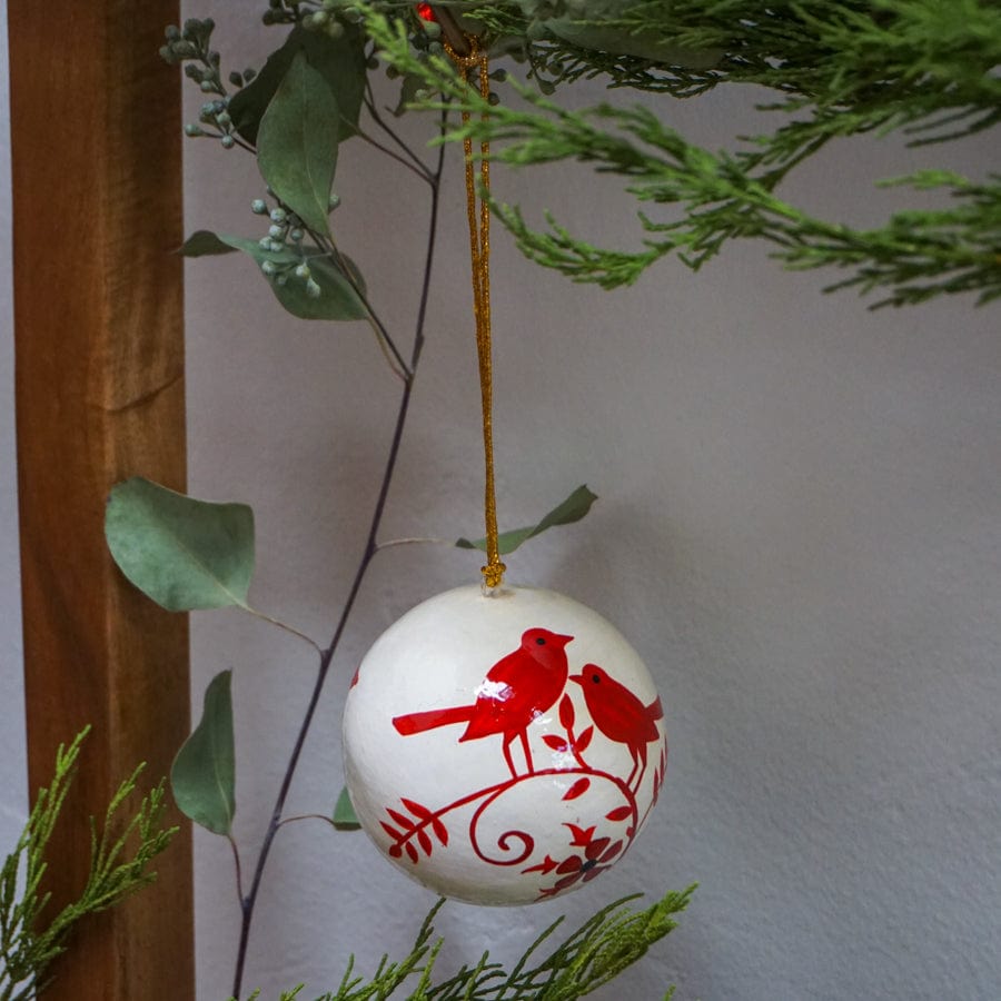 Ok-International Decor Cream Paper Mache Ornament w/ Red Bird Motif