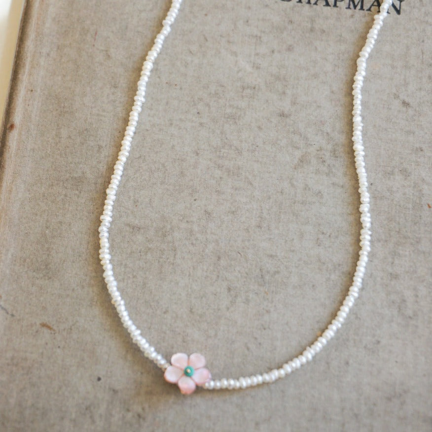 River Song Jewelry Tiny Japanese Pearl Necklace with Flower Charm