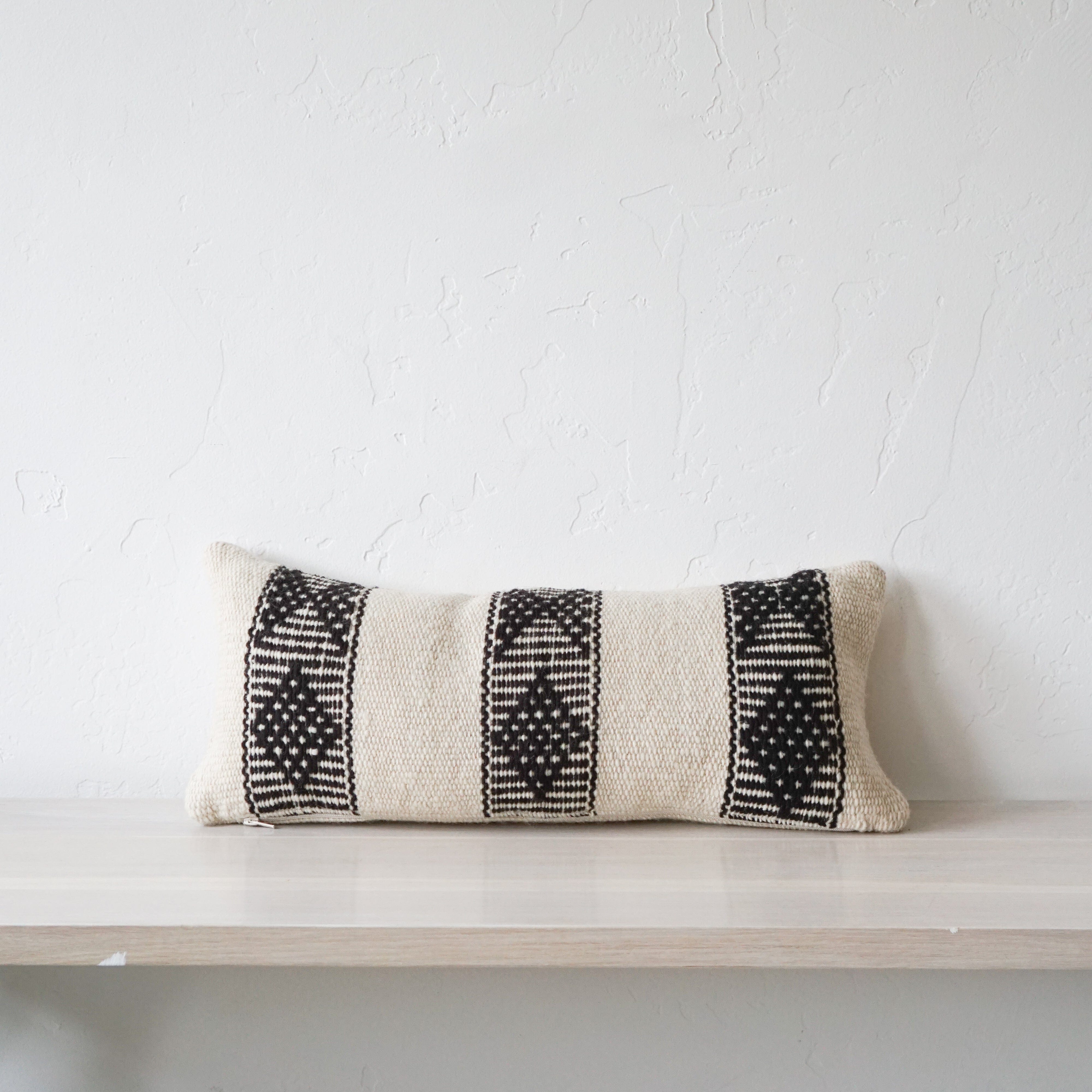 Treko Linens, Decor Pukan Natural Lumbar Pillow with Three Black Diamond Pattern Stripes 10 x 25 by Treko